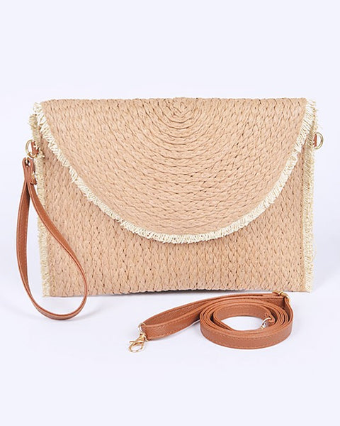 Babe Beachwear khaki convertible straw purse with detachable brown strap and textured woven design