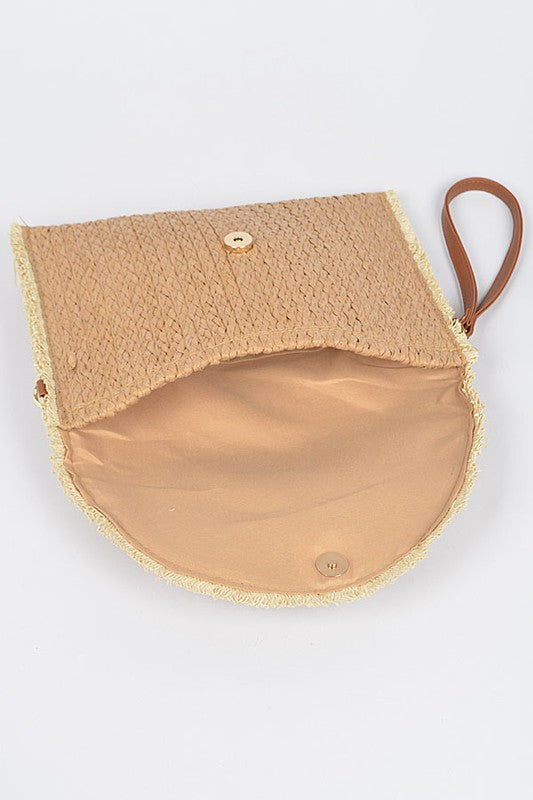 Babe Beachwear khaki convertible straw purse open with button closure and wrist strap