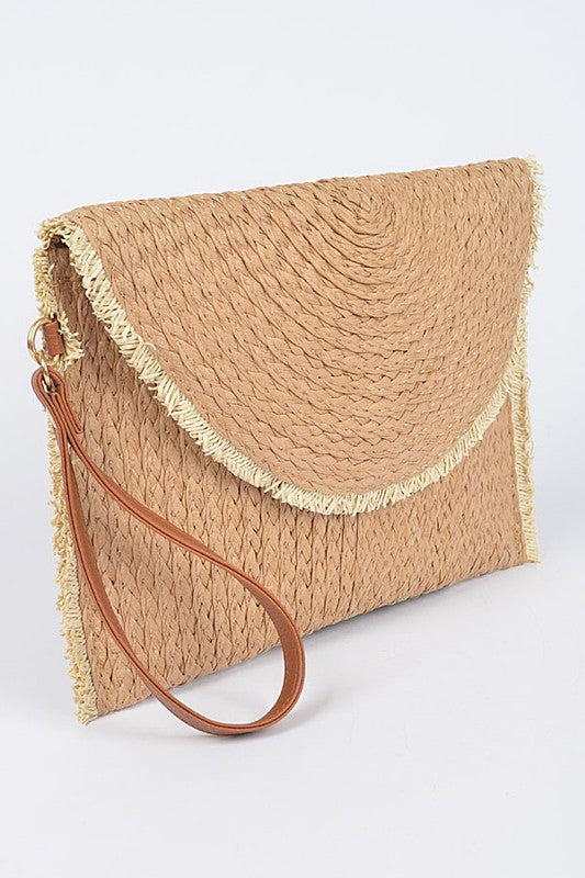 Babe Beachwear khaki convertible straw purse with leather wrist strap and fringe trim