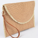 Babe Beachwear khaki convertible straw purse with leather wrist strap and fringe trim