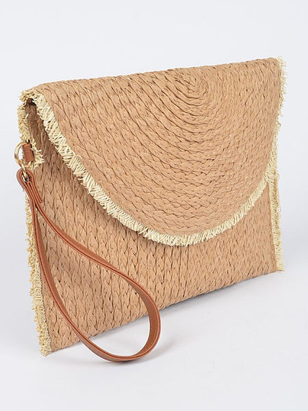 Babe Beachwear khaki convertible straw purse with leather wrist strap and fringe trim