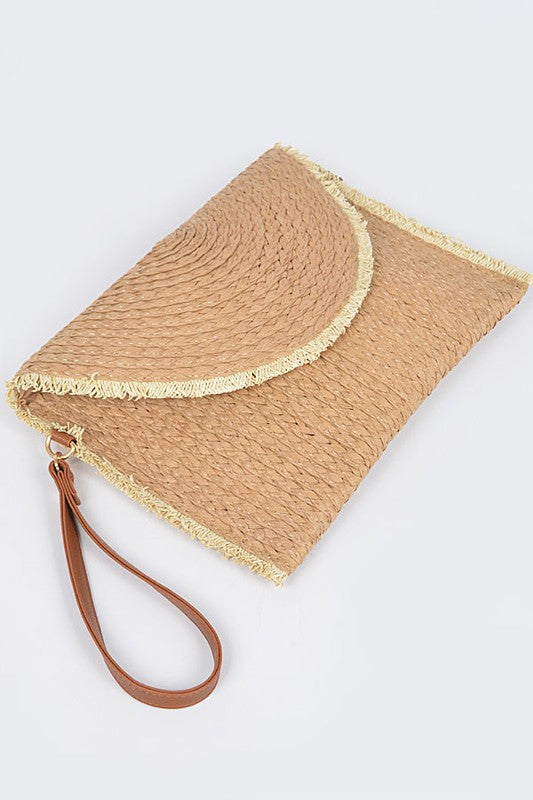 Babe Beachwear khaki convertible straw purse with wrist strap and fringe detailing