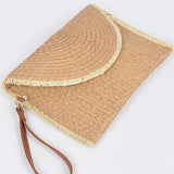 Babe Beachwear khaki convertible straw purse with wrist strap and fringe detailing