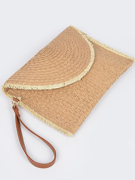 Babe Beachwear khaki convertible straw purse with wrist strap and fringe detailing