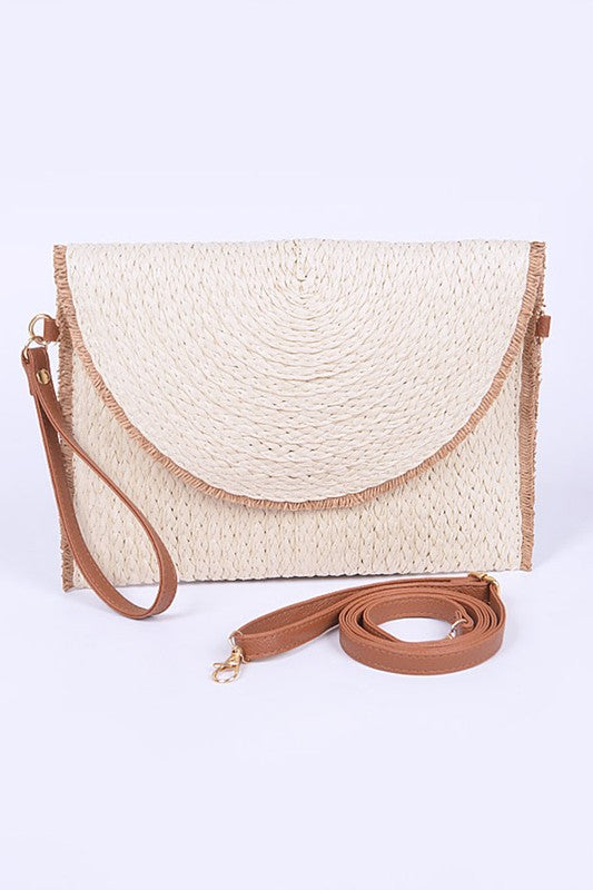 Babe Beachwaer khaki convertible straw purse with detachable brown leather strap
