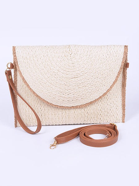 Babe Beachwaer khaki convertible straw purse with detachable brown leather strap