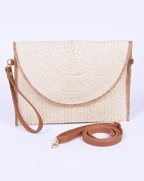 Babe Beachwaer khaki convertible straw purse with detachable brown leather strap