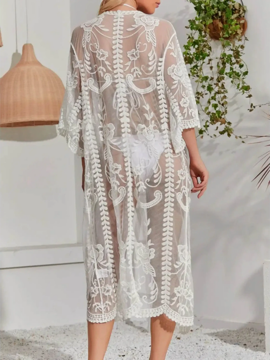 Babe Beachwear Lace Belted Beach Cover Up white sheer floral embroidered design knee-length