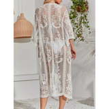 Babe Beachwear Lace Belted Beach Cover Up white sheer floral embroidered design knee-length
