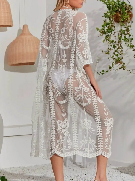 Babe Beachwear white lace belted beach cover up with floral embroidery and sheer design
