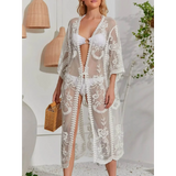Babe Beachwear Lace Belted Beach Cover Up sheer white lace with floral design and three-quarter sleeves