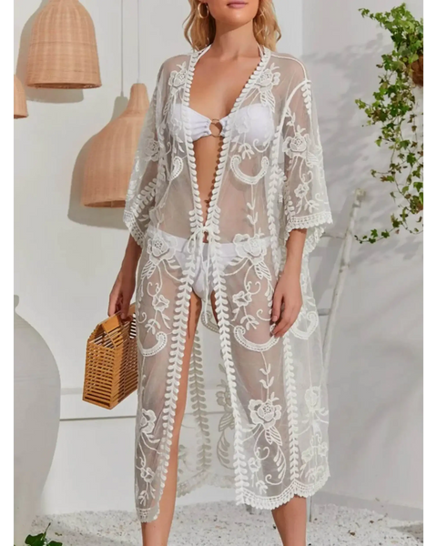 Babe Beachwear Lace Belted Beach Cover Up sheer white lace with floral design and three-quarter sleeves