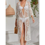 Babe Beachwear Lace Belted Beach Cover Up sheer white coverup with floral lace design