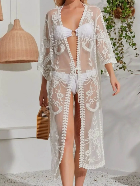 Babe Beachwear Lace Belted Beach Cover Up sheer white coverup with floral lace design