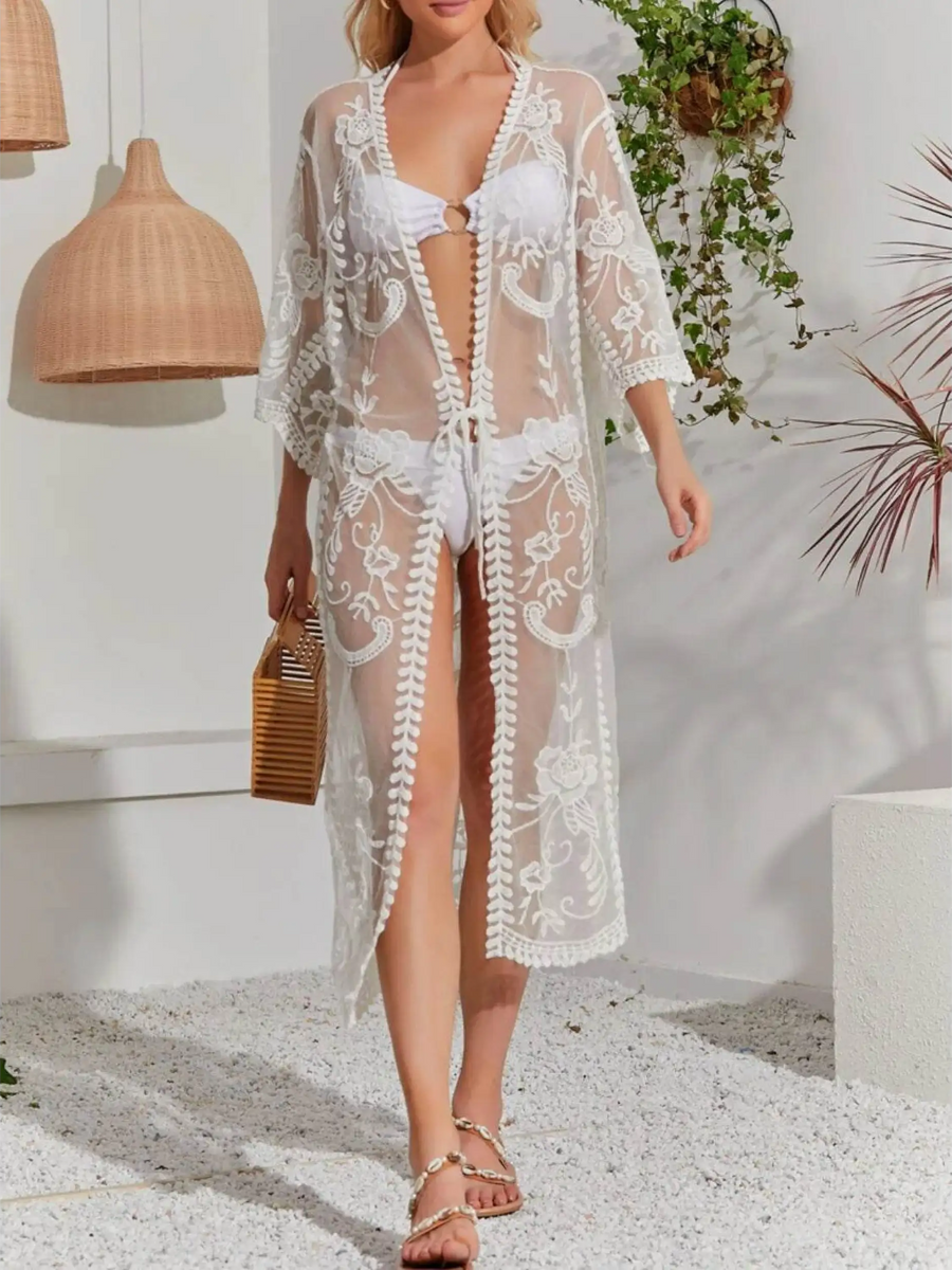 Babe Beachwaer Lace Belted Beach Cover Up sheer white floral design with 3 quarter sleeves