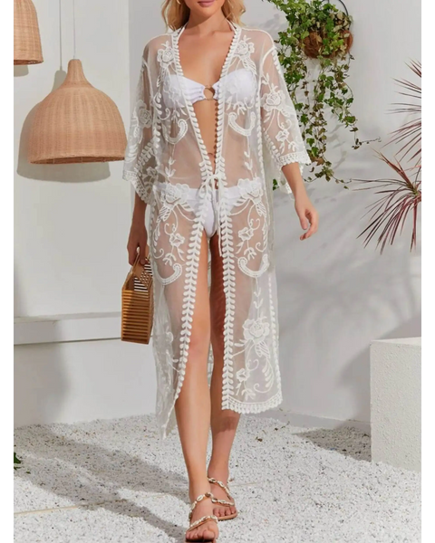 Babe Beachwaer Lace Belted Beach Cover Up sheer white floral design with 3 quarter sleeves