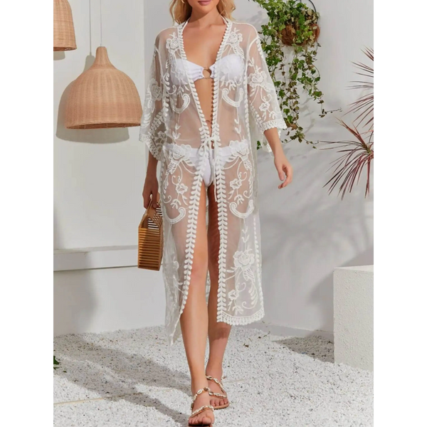 Babe Beachwaer Lace Belted Beach Cover Up sheer white floral design with 3 quarter sleeves