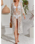 Babe Beachwaer Lace Belted Beach Cover Up sheer white floral design with 3 quarter sleeves