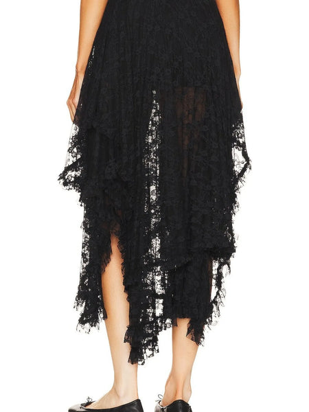 Babe Beachwear black lace sheer summer vacation dress midi length with asymmetrical hem
