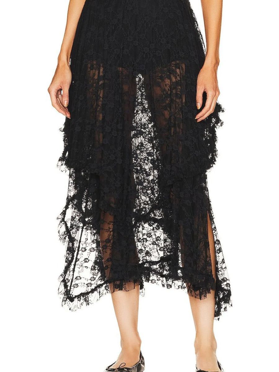 Babe Beachwaer black lace sheer summer vacation dress midi length with layered design
