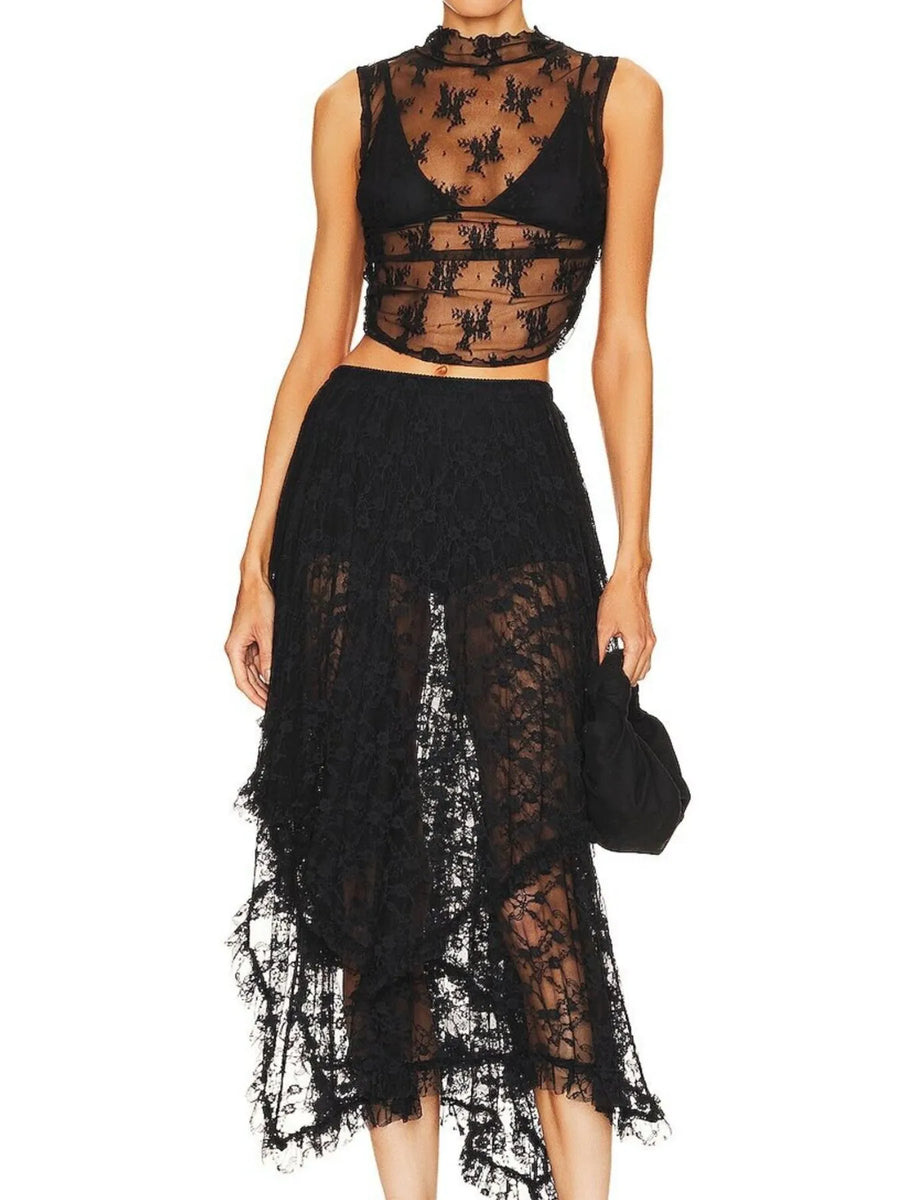 Babe Beachwear black midi dress featuring lace sheer summer vacation dress design with layered skirt