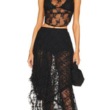 Babe Beachwear black midi dress featuring lace sheer summer vacation dress design with layered skirt