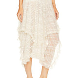 Babe Beachwear lace sheer summer vacation dress midi length with floral pattern and asymmetrical hem front side view