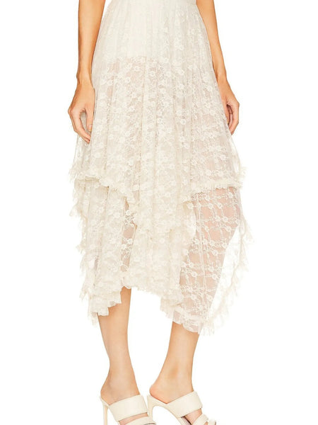 Babe Beachwear lace sheer summer vacation dress midi length with floral pattern and asymmetrical hem front side view