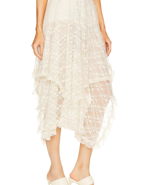 Babe Beachwear lace sheer summer vacation dress midi length with floral pattern and asymmetrical hem front side view