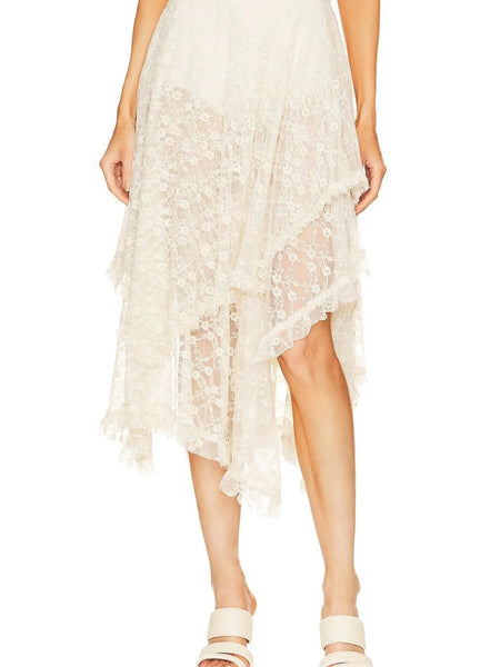 Babe Beachwear lace sheer summer vacation dress midi length with floral pattern and asymmetrical hem
