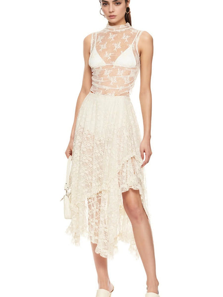 Babe Beachwear lace sheer summer vacation dress with asymmetrical hem and floral pattern