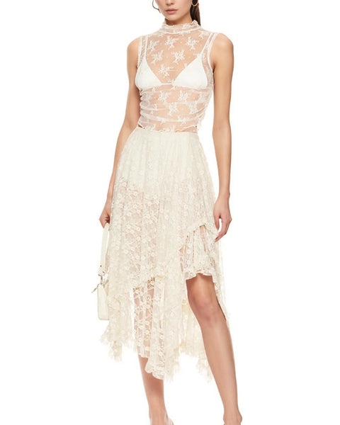 Babe Beachwear lace sheer summer vacation dress with asymmetrical hem and floral pattern