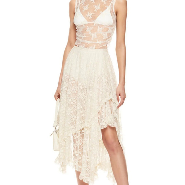 Babe Beachwear lace sheer summer vacation dress with asymmetrical hem and floral pattern