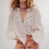 Babe Beachwear long sleeve lace trimmed beach blouse in white with delicate lace details and button front