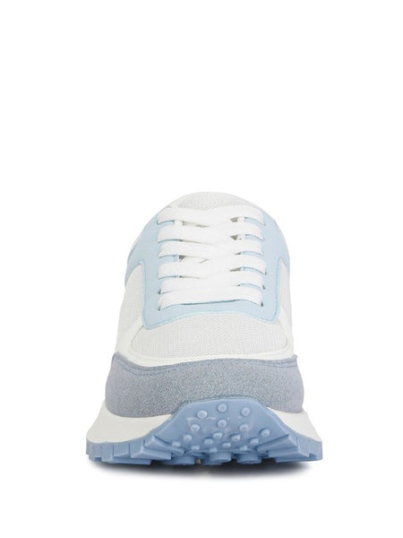 Front view of Babe Beachwear lace up vacation sneakers for women in white and light blue