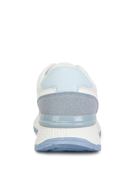 Babe Beachwear lace up vacation sneakers for women in white and light blue viewed from the back