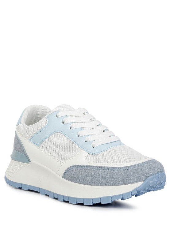 Babe Beachwear lace up vacation sneakers for women in white and light blue with mesh and suede details