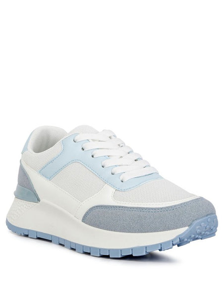 Babe Beachwear lace up vacation sneakers for women in white and light blue with mesh and suede details