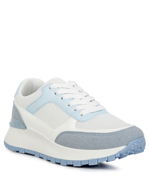Babe Beachwear lace up vacation sneakers for women in white and light blue with mesh and suede details