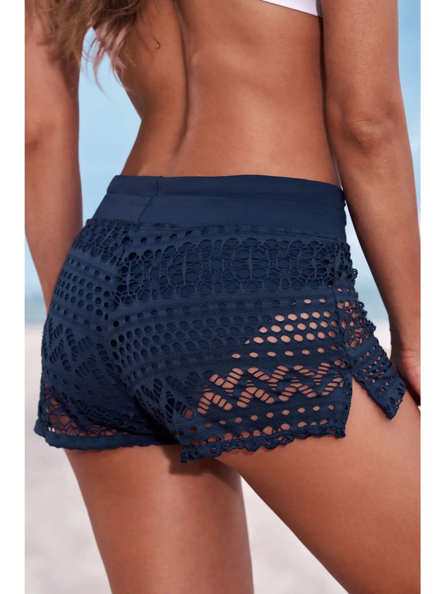 Trendsi navy blue women's beach cover up shorts with crochet design ideal for beachwear