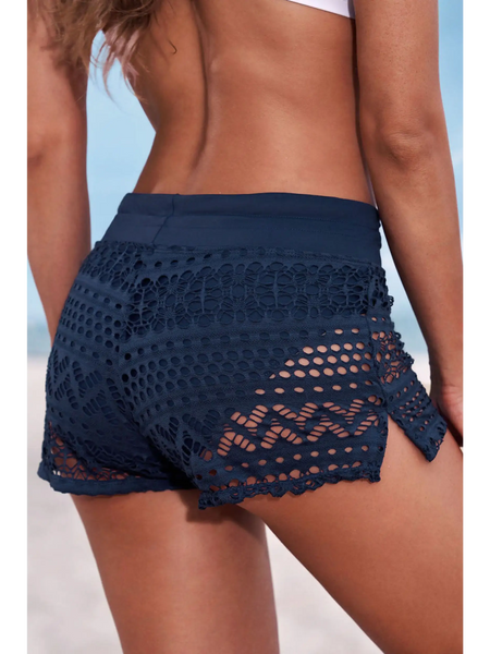 Trendsi navy blue women's beach cover up shorts with crochet design ideal for beachwear