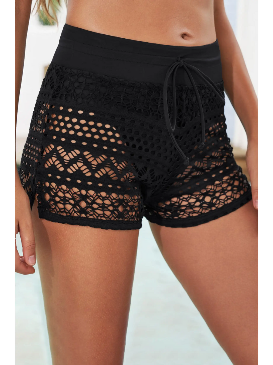 Trendsi black crochet women's beach cover up shorts with drawstring waist for stylish beachwear