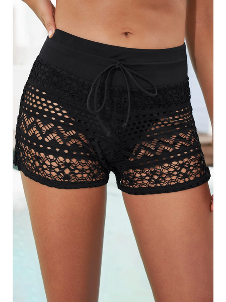 Trendsi black swim shorts with lace design and drawstring waistband women's beach cover up shorts