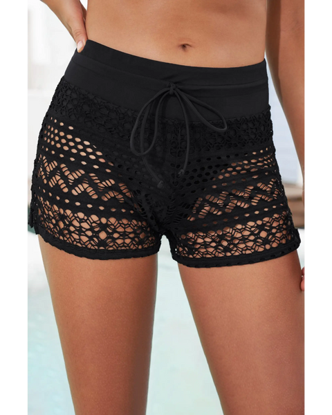 Trendsi black swim shorts with lace design and drawstring waistband women's beach cover up shorts