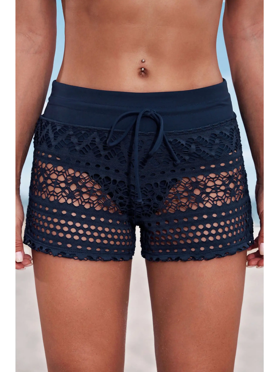 Trendsi women's beach cover up shorts in navy blue crochet design with adjustable drawstring waist