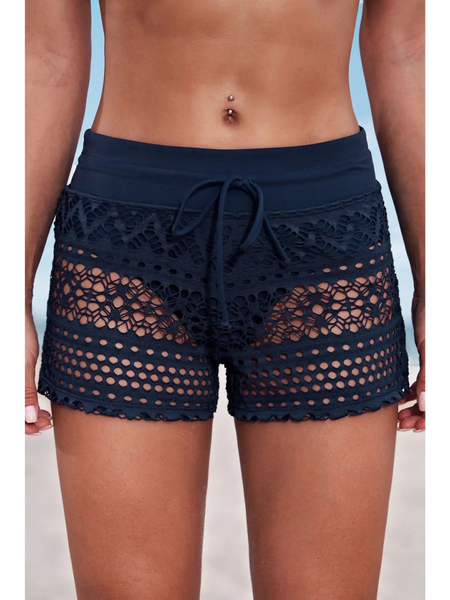 Trendsi women's beach cover up shorts in navy blue crochet design with adjustable drawstring waist