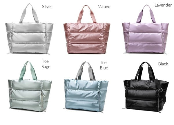 Babe Beachwear large lightweight puffer weekends bags in silver mauve lavender ice sage ice blue and black colors