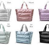 Babe Beachwear large lightweight puffer weekends bags in silver mauve lavender ice sage ice blue and black colors