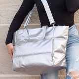 Babe Beachwaer large lightweight puffer weekends silver tote bag with adjustable shoulder strap