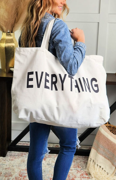 Babe Beachwear large oversize everything bag for travel in white canvas with black lettering